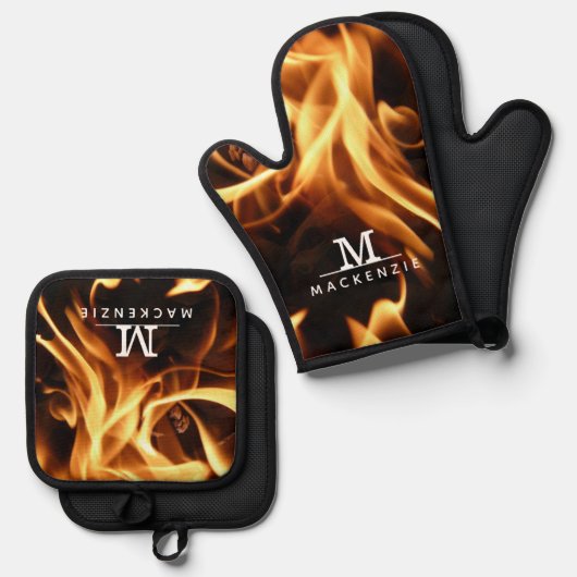 Monogram Naam Vuur Vlammen Ovenwant & Pannenlap Set (Voorkant / Achterkant)