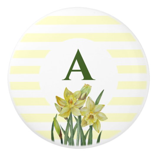 Monogram Naam Waterverf Gele affodils Stripes Keramische Knop (Voorkant)