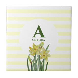 Monogram Naam Waterverf Gele affodils Stripes Tegeltje