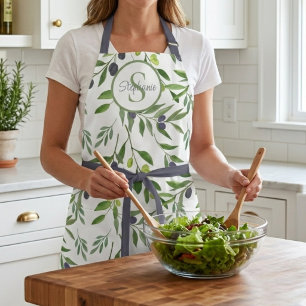 Monogram naam waterverf olijfpatroon schort