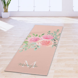 Monogram Naam Waterverf Roze Bloemen Yogamat