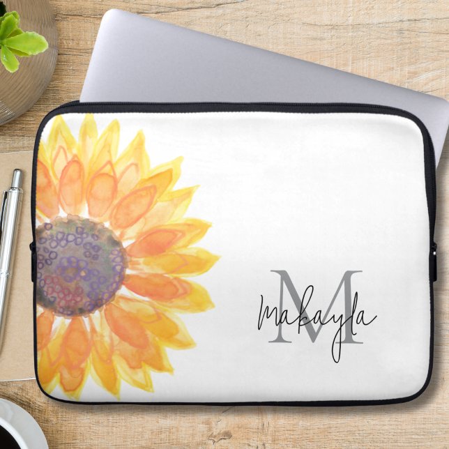 Monogram Naam Waterverf Zonnebloem Laptop Sleeve (Creator heeft geüpload)