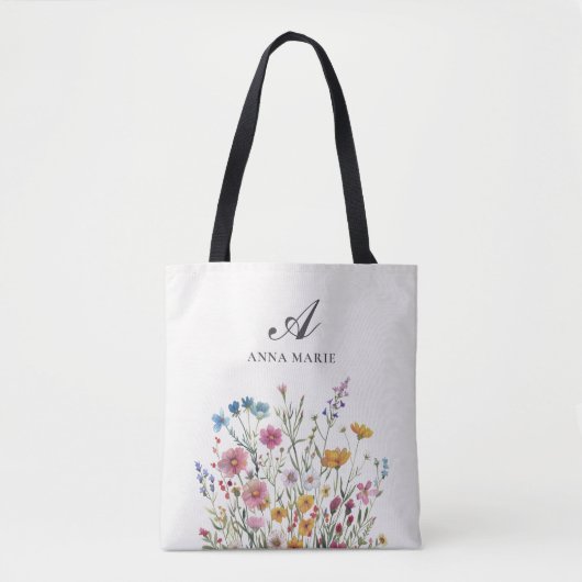 Monogram Naam Wildflower Boho Chic Draagtas (Voorkant)