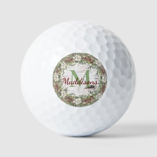 Monogram naam Winter Woodland White Rose Pine Cone Golfballen (Voorkant)