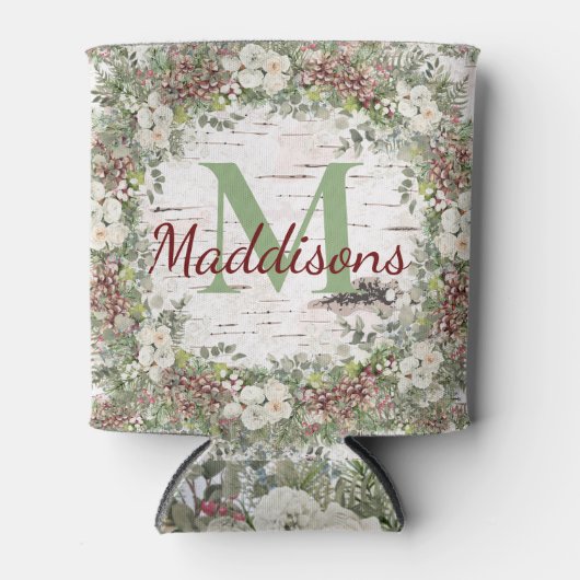 Monogram naam Winter Woodland White Rose Pinecone Blikjeskoeler (Voorkant)