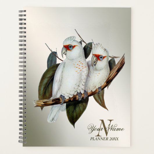 Monogram naam Witte vogels Cockatau Green Leaves Planner (Voorkant)