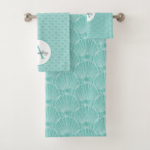 Monogram Naam Witte Zee Shell Pattern Beach House Bad Handdoek