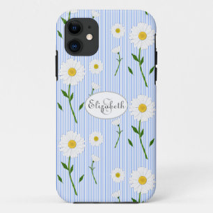 Monogram Naam Zomer Daisies Patroon Blauwe Streep iPhone 11 Hoesje