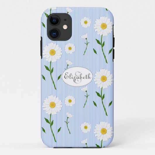 Monogram Naam Zomer Daisies Patroon Blauwe Streep Case-Mate iPhone Case (Achterkant)