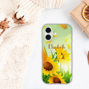 Monogram Naam Zonnebloemen Geel Groene Floral iPhone 16 Hoesje