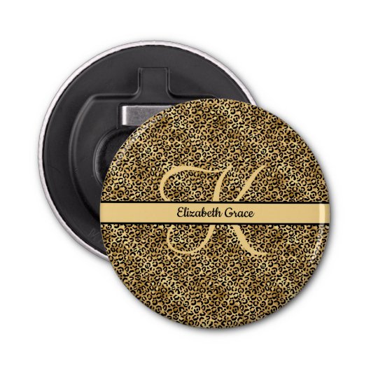 Monogram naam Zwart Gold Leopard Print Cheetah Button Flesopener (Voorkant)