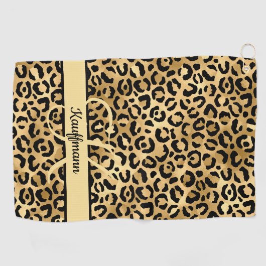 Monogram naam Zwart Gold Leopard Print Cheetah Golfhanddoek (Horizontaal)