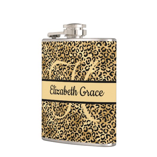Monogram naam Zwart Gold Leopard Print Cheetah Heupfles (Links)