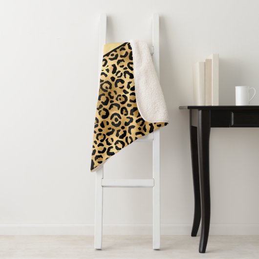 Monogram naam Zwart Gold Leopard Print Cheetah Sherpa Deken (In situ)