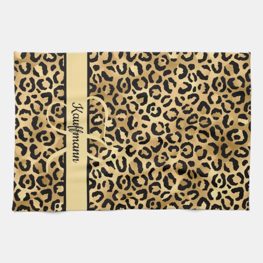 Monogram naam Zwart Gold Leopard Print Cheetah Theedoek (Horizontaal)