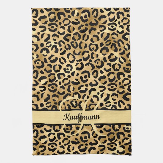Monogram naam Zwart Gold Leopard Print Cheetah Theedoek (Verticaal)