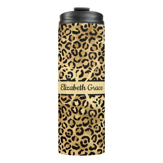 Monogram naam Zwart Gold Leopard Print Cheetah Thermosbeker (Voorkant)