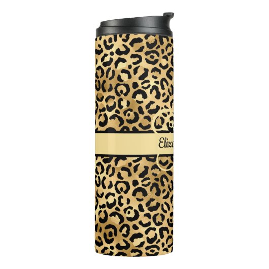 Monogram naam Zwart Gold Leopard Print Cheetah Thermosbeker (Gedraaid links)