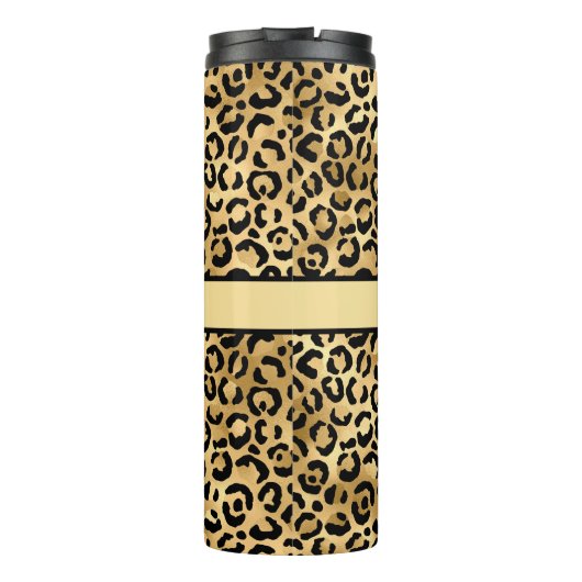 Monogram naam Zwart Gold Leopard Print Cheetah Thermosbeker (Achterkant)