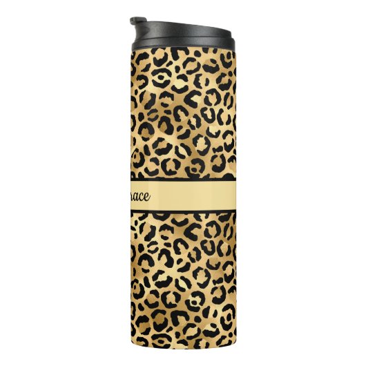 Monogram naam Zwart Gold Leopard Print Cheetah Thermosbeker (Geroteerd rechts)