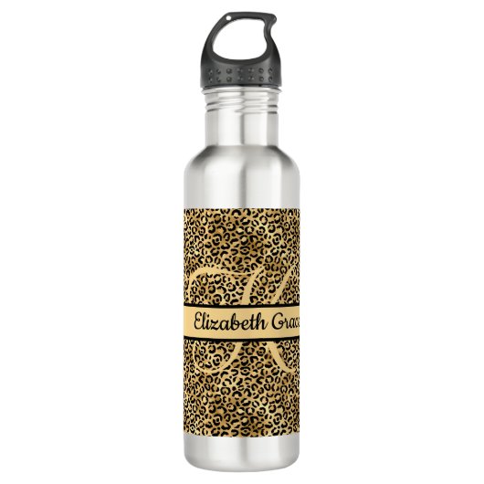 Monogram naam Zwart Gold Leopard Print Cheetah Waterfles (Voorkant)