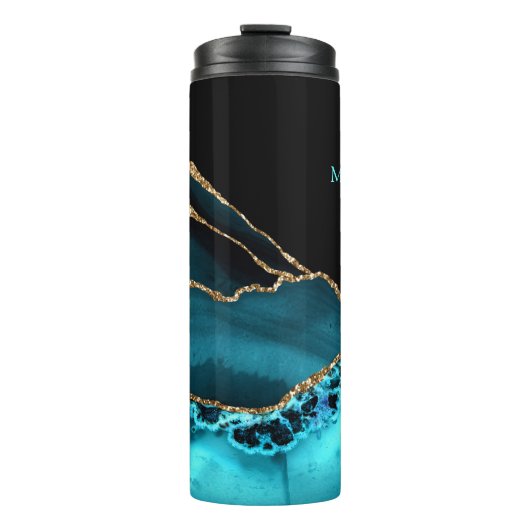 Monogram & naam, zwart goud en Blauwgroen getijden Thermosbeker (Voorkant)