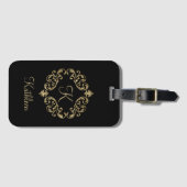 Monogram naam zwart goud glinsterend damast Flouri Bagagelabel (Voorkant (horizontaal))