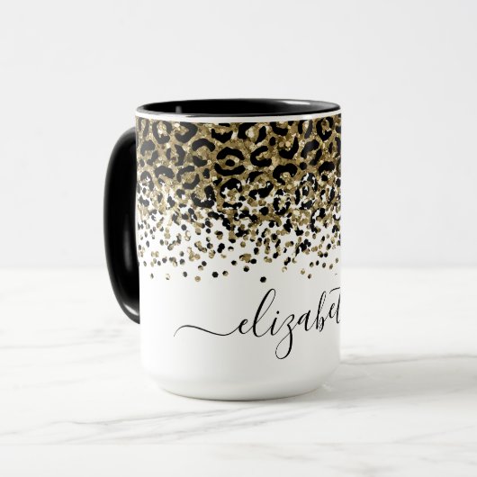 Monogram Naam Zwart Goud Luipaard Print Chique Tre Mok (Voorkant links)