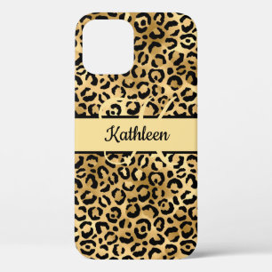 Monogram Naam Zwart Goud Luipaardprint Jachtluipaa iPhone 12 Pro Hoesje