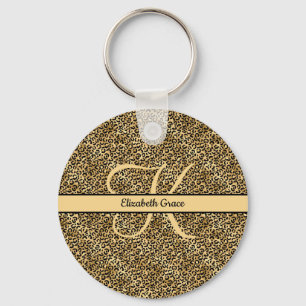 Monogram Naam Zwart Goud Luipaardprint Jachtluipaa Sleutelhanger