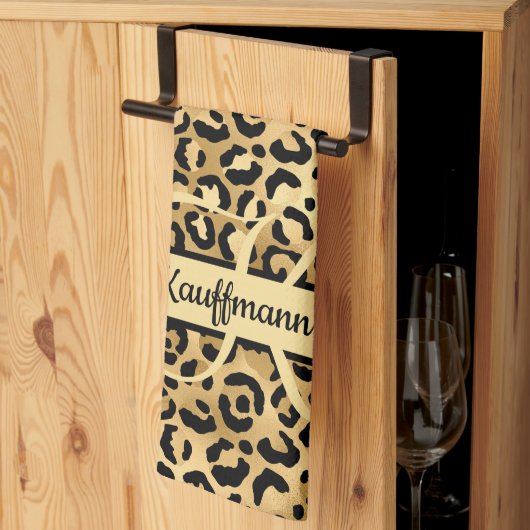 Monogram Naam Zwart Goud Luipaardprint Jachtluipaa Theedoek (Derde Gevouwen)