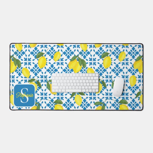 Monogram Name Blue French Tile Lemon Pattern  (Clavier et souris)