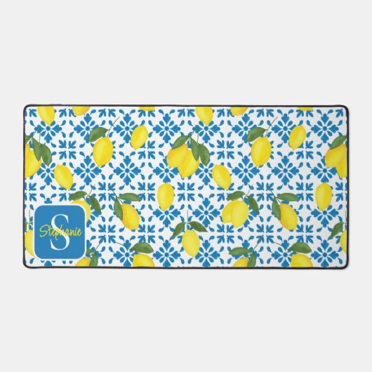 Monogram Name Blue French Tile Lemon Pattern  (Recto)