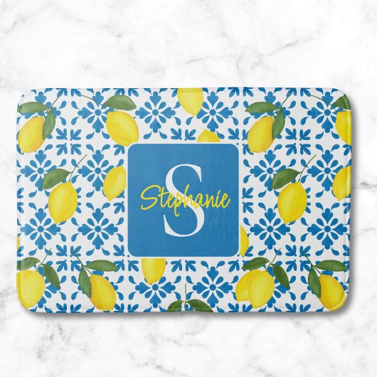 Monogram Name Blue French Tile Lemon Pattern  Badmat
