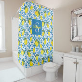 Monogram Name Blue French Tile Lemon Pattern  Douchegordijn (In situ)