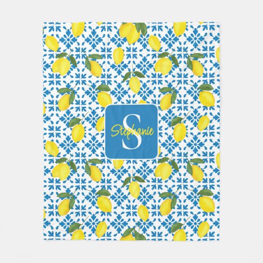 Monogram Name Blue French Tile Lemon Pattern  Fleece Deken (Voorkant)