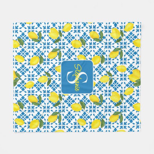 Monogram Name Blue French Tile Lemon Pattern  Fleece Deken (Voorkant (Horizontaal))