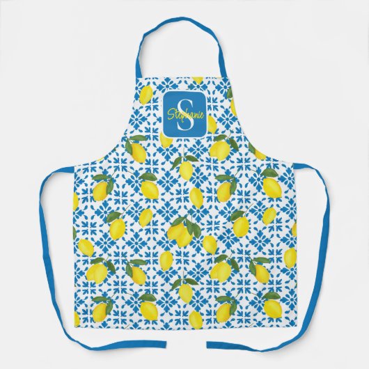 Monogram Name Blue French Tile Lemon Pattern  Schort (Voorkant)