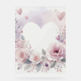 Monogram name floral hearts romantic watercolor  acryl bord