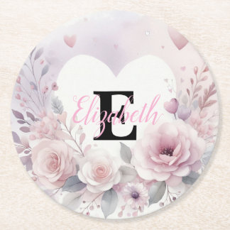 Monogram name floral hearts romantic watercolor  ronde kartonnen onderzetter