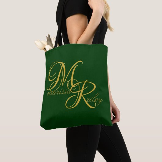 Monogram Name Initiaal Green Elegant Script Draagtas (Dichtbij)