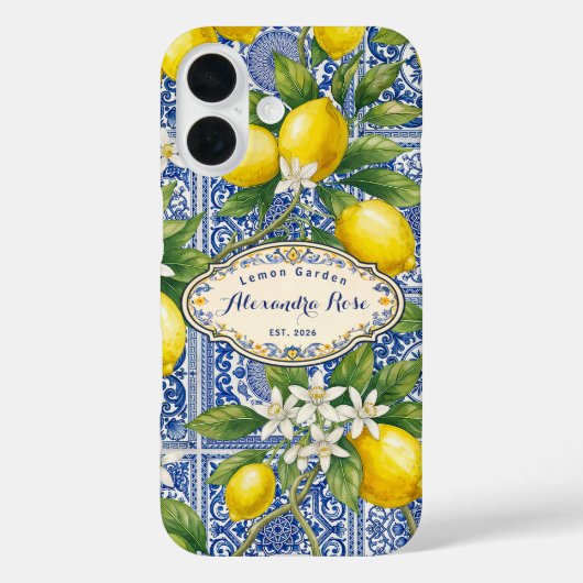 Monogram Name Lemon Blue French Country Tile  Case-Mate iPhone Case (Achterkant)
