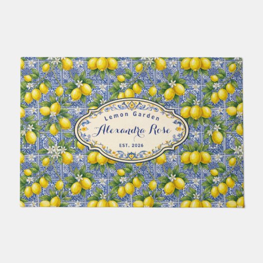 Monogram Name Lemon Blue French Country Tile  Deurmat (Voorkant)