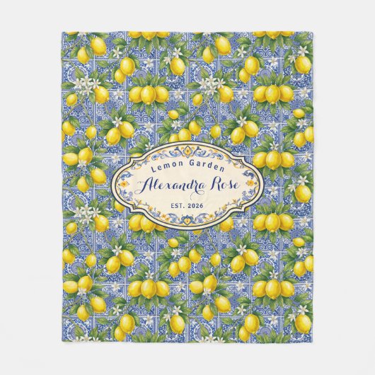 Monogram Name Lemon Blue French Country Tile  Fleece Deken (Voorkant)