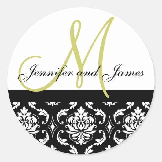 Monogram & Namen Damask Groene Bruiloft Sticker (Voorkant)