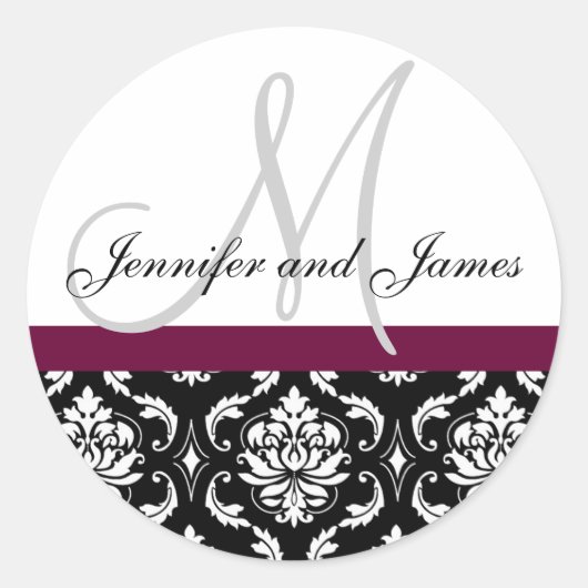 Monogram & Namen Damask Wijn Bruiloft Sticker (Voorkant)
