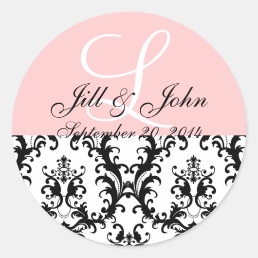 Monogram Namen Datum Damask Roze bruiloft Sticker (Voorkant)