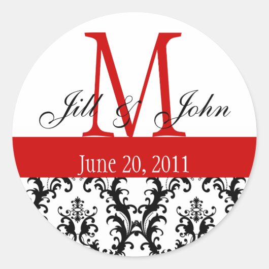 Monogram Namen Datum Damast Bruiloft Rood Wit Ronde Sticker (Voorkant)