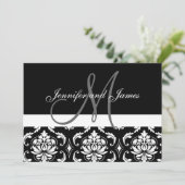 Monogram Names Black Damask Wedding Invitations Kaart (Staand voorkant)