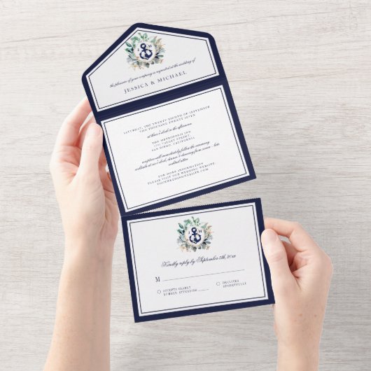 Monogram Nautical Anchor Greenery Navy Wedding All In One Uitnodiging (Afscheurbaar)